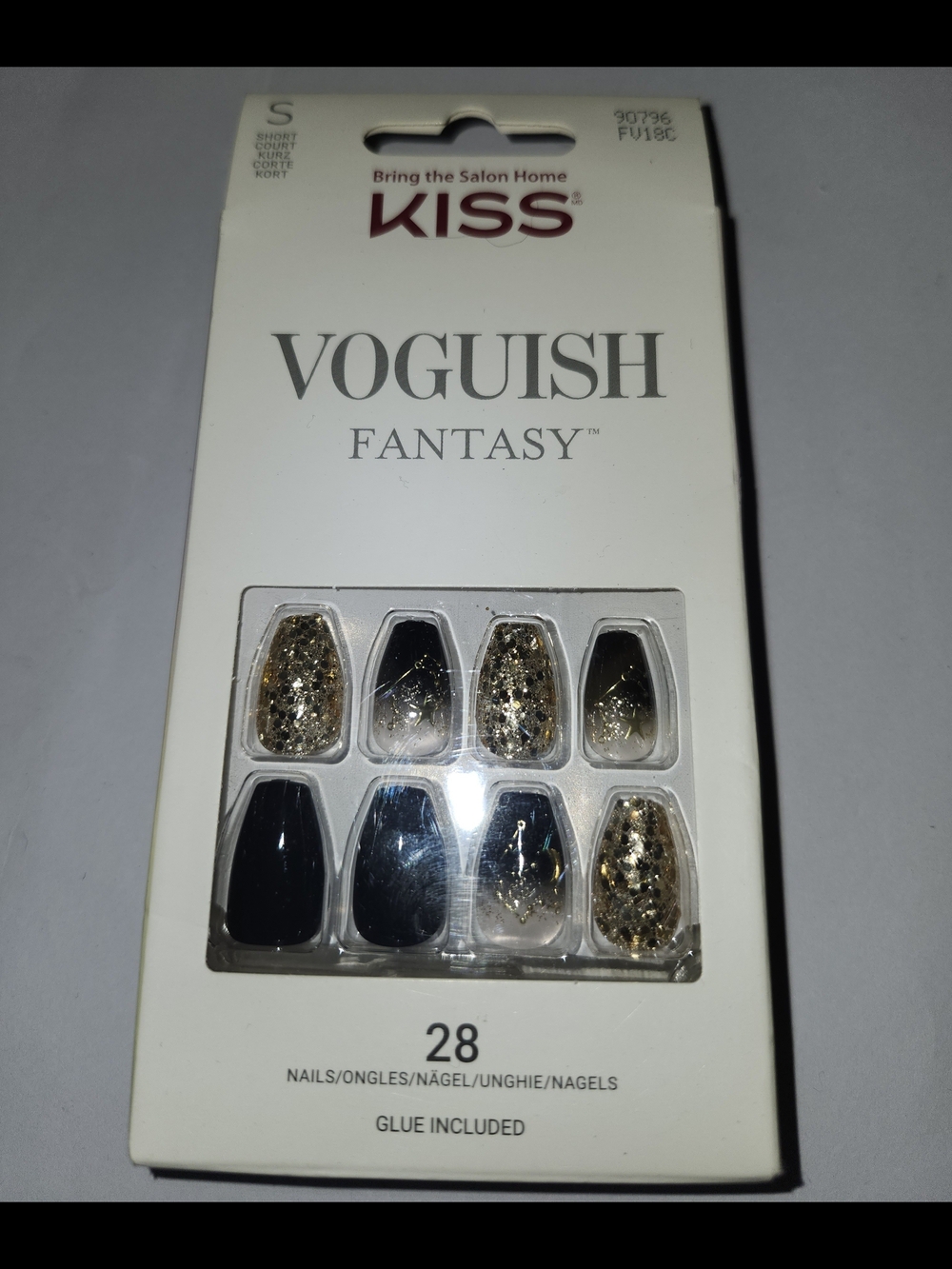 KISS Voguish Fantasy Press-On Nails — Black & Gold Glitter Accents